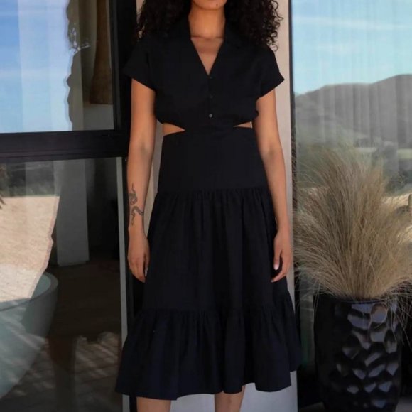 OAK  + FORT | Black Tiered Cut-Out 100% Cotton Midi Dress (Size M) - Picture 2 of 12